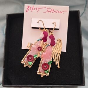 Betsey Johnson Gold-Tone Pink Floral Wing Drop Earrings with Magenta Accents